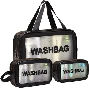 3 PCS PU Leather Portable Toiletry Bags with Handle, Translucent Waterproof travel Make up Bags for Women, Large Capacity Travel Cosmetic Bags (Black)