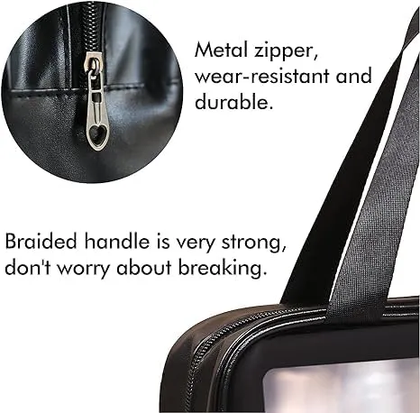 3 PCS PU Leather Portable Toiletry Bags with Handle, Translucent Waterproof travel Make up Bags for Women, Large Capacity Travel Cosmetic Bags (Black)