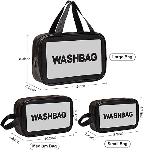 3 PCS PU Leather Portable Toiletry Bags with Handle, Translucent Waterproof travel Make up Bags for Women, Large Capacity Travel Cosmetic Bags (Black)