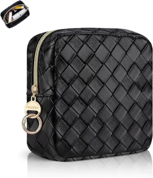 5.5" Small Makeup Bag, PU Leather Mini Cosmetics Bag for Purse, Portable Small Travel Makeup Pouch with Ring Buckle (Large Plaid, Black)