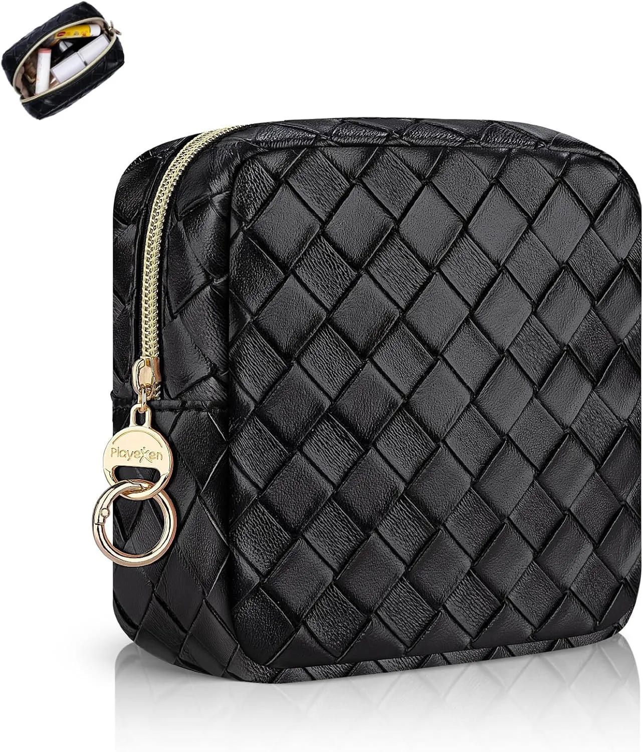 5.5" Small Makeup Bag, PU Leather Mini Cosmetics Bag for Purse, Portable Small Travel Makeup Pouch with Ring Buckle (Large Plaid, Black)