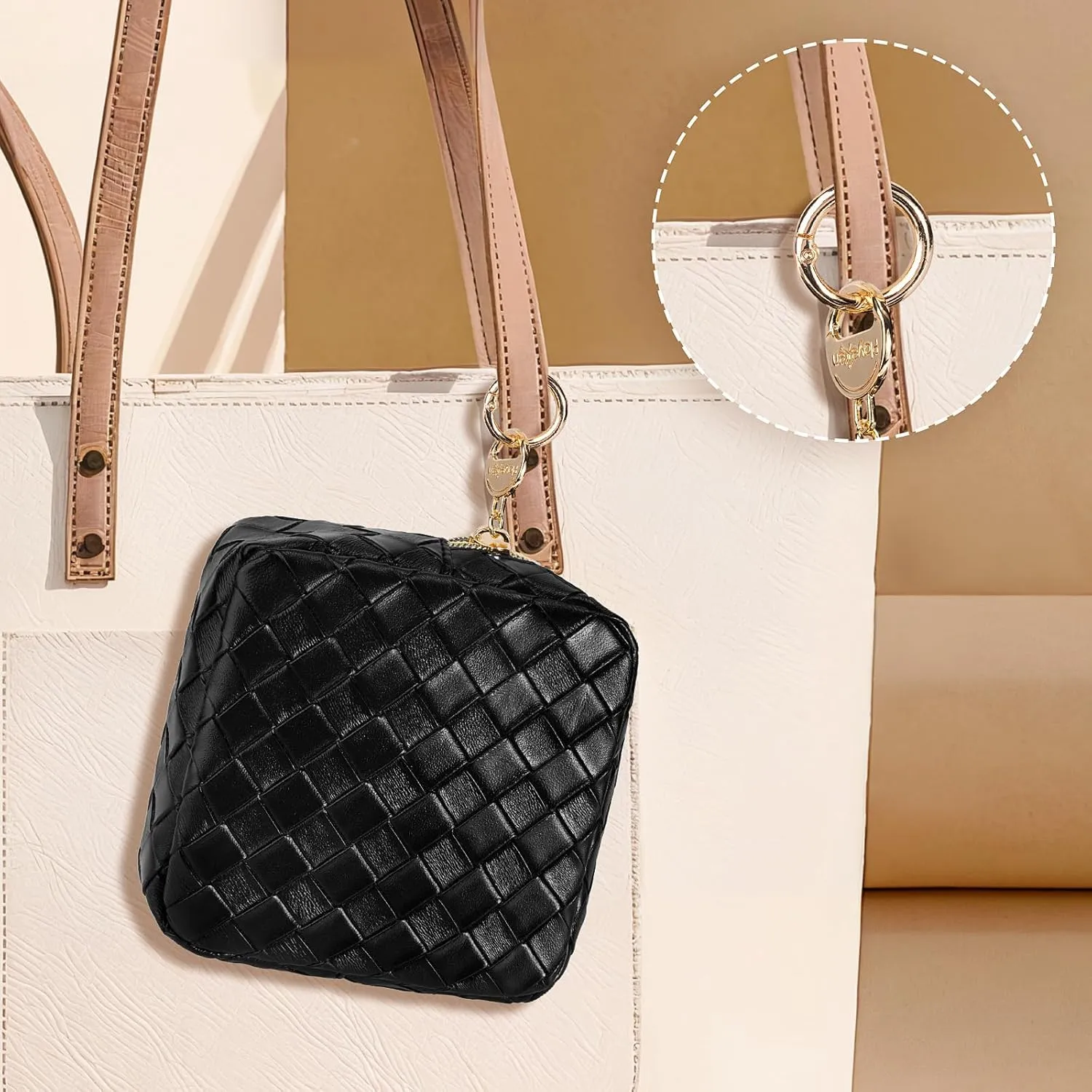 5.5" Small Makeup Bag, PU Leather Mini Cosmetics Bag for Purse, Portable Small Travel Makeup Pouch with Ring Buckle (Large Plaid, Black)