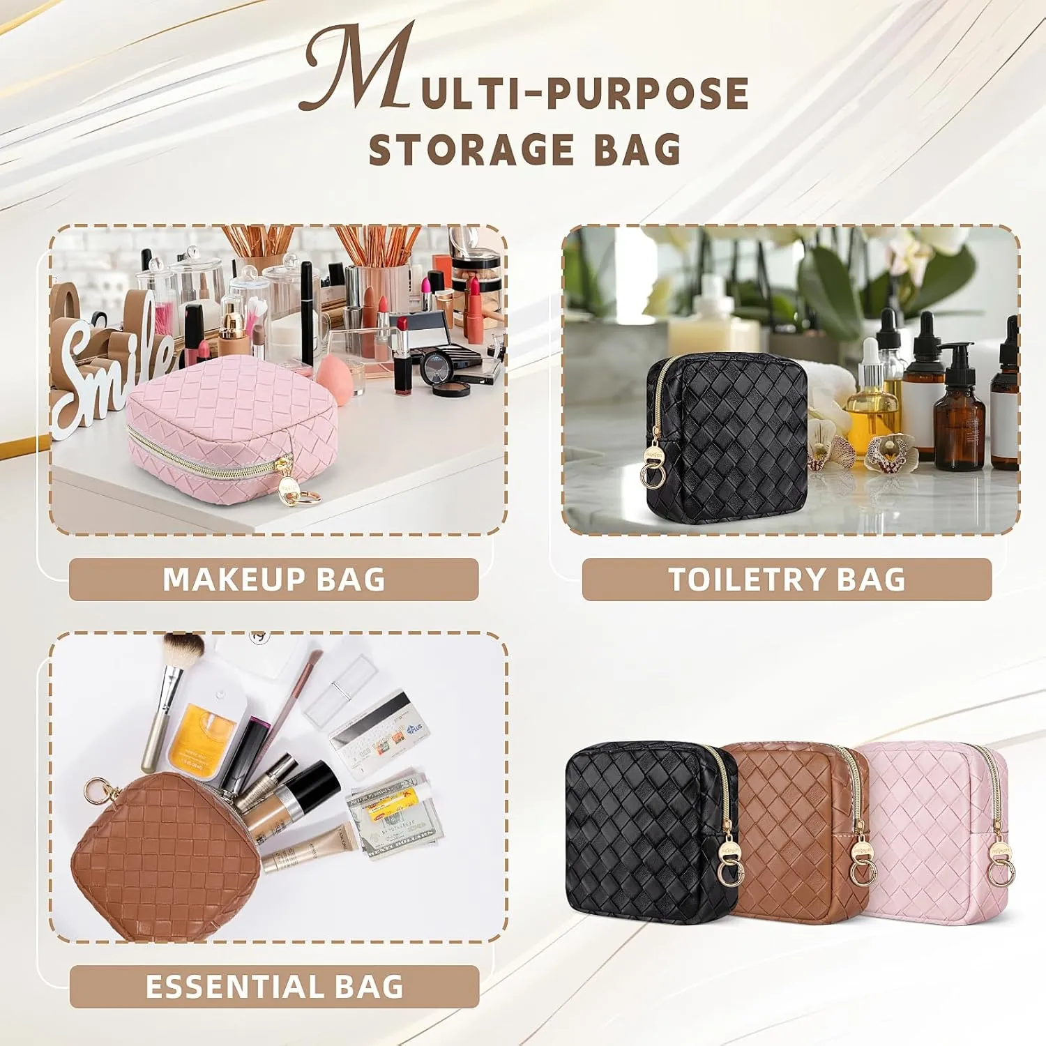 5.5" Small Makeup Bag, PU Leather Mini Cosmetics Bag for Purse, Portable Small Travel Makeup Pouch with Ring Buckle (Large Plaid, Black)