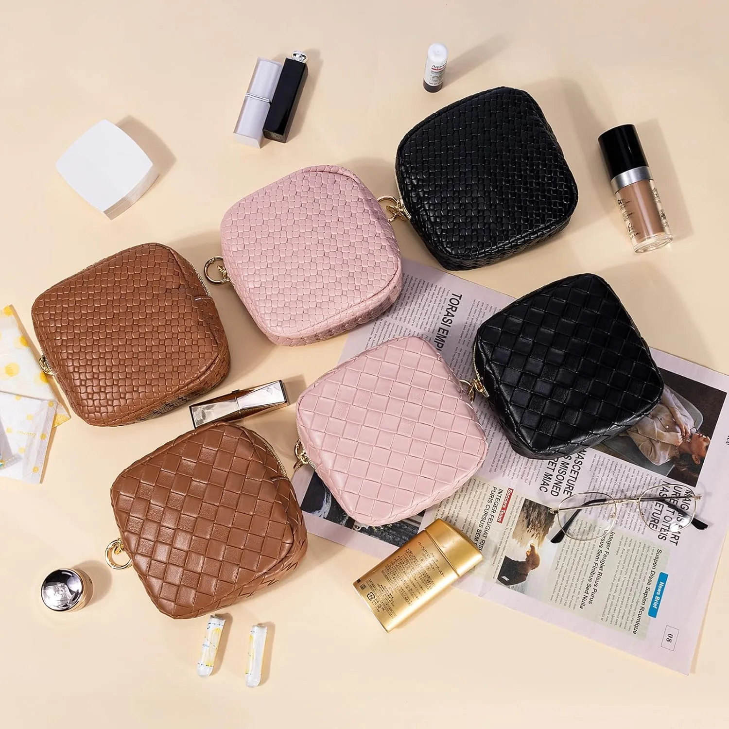 5.5" Small Makeup Bag, PU Leather Mini Cosmetics Bag for Purse, Portable Small Travel Makeup Pouch with Ring Buckle (Large Plaid, Brown)