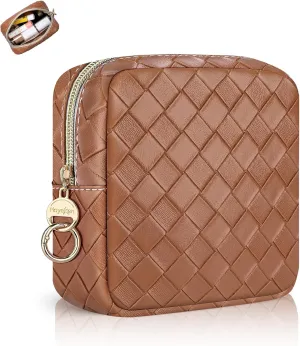 5.5" Small Makeup Bag, PU Leather Mini Cosmetics Bag for Purse, Portable Small Travel Makeup Pouch with Ring Buckle (Large Plaid, Brown)
