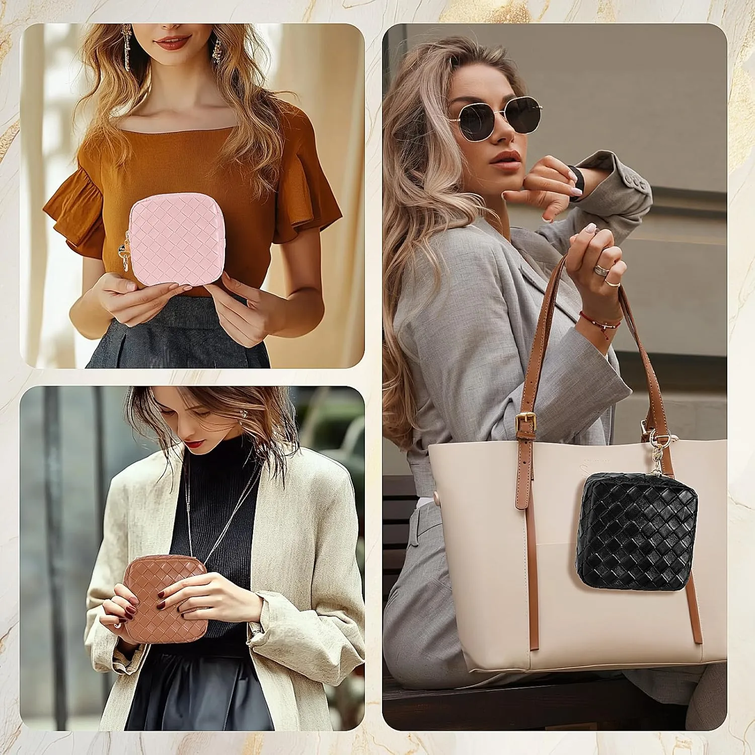 5.5" Small Makeup Bag, PU Leather Mini Cosmetics Bag for Purse, Portable Small Travel Makeup Pouch with Ring Buckle (Large Plaid, Brown)