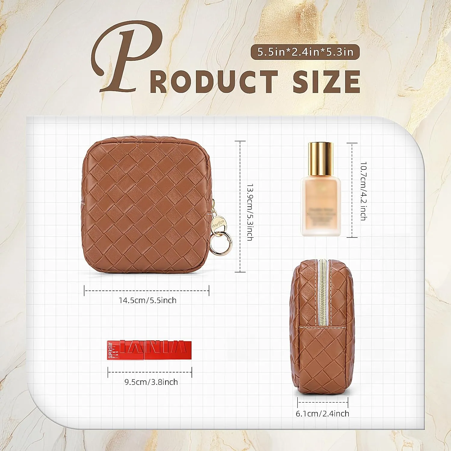 5.5" Small Makeup Bag, PU Leather Mini Cosmetics Bag for Purse, Portable Small Travel Makeup Pouch with Ring Buckle (Large Plaid, Brown)