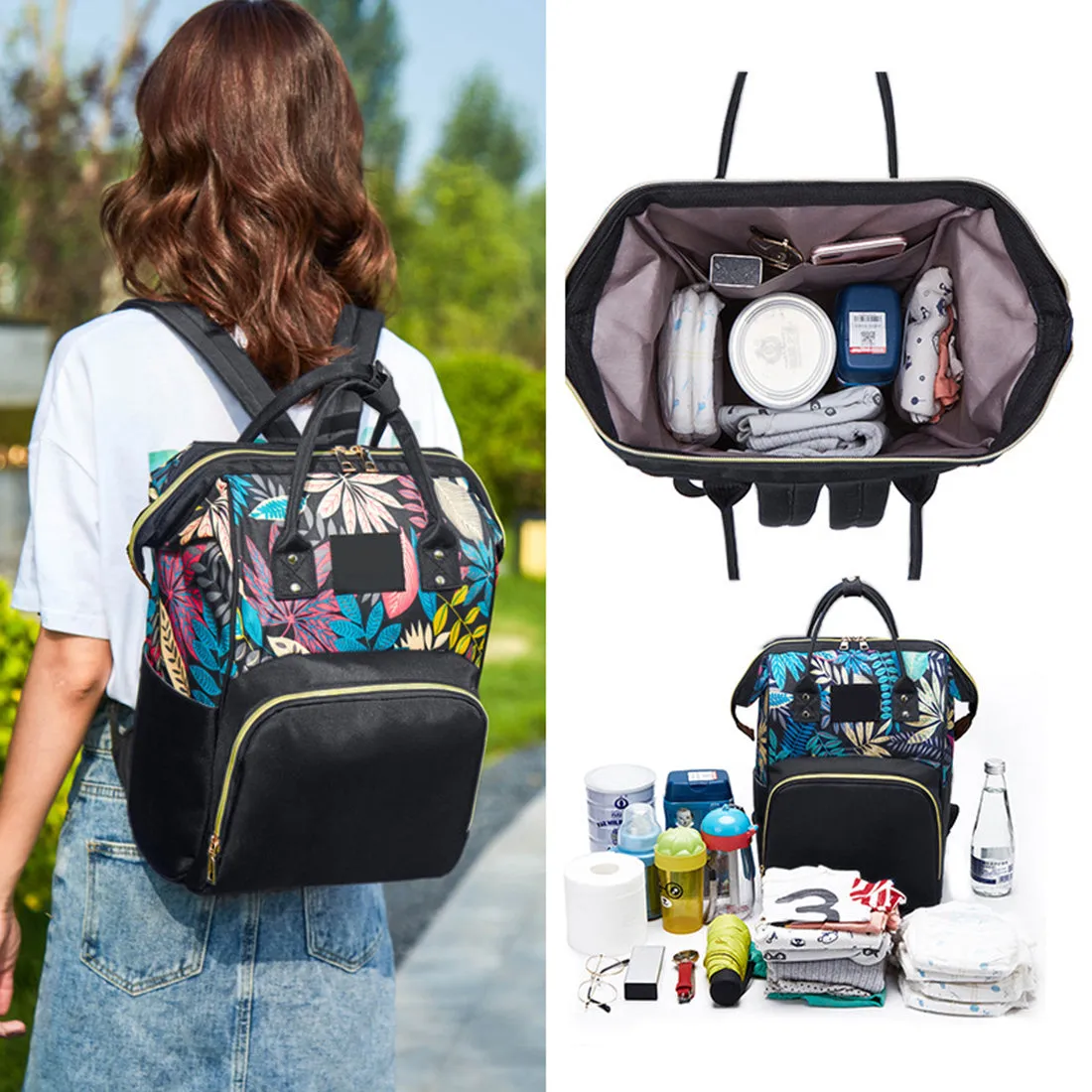 Babymoon Mother Diaper Bag Lightweight Multifunctional Travel Unisex Diaper Backpack - Black