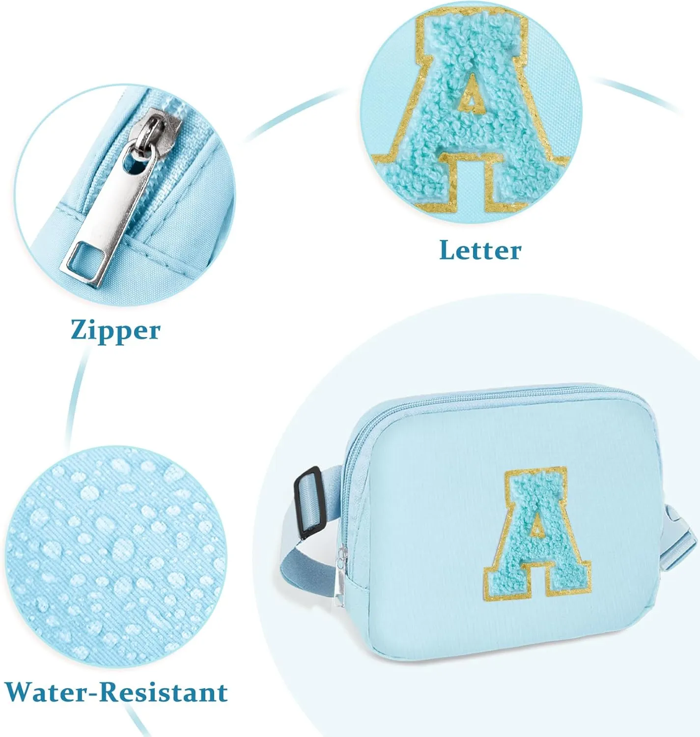 Chenille Letter Crossbody Bags for Women Trendy, Waterproof Fanny Packs for Women Cross Body, Initial Letter Belt Bag with Multiple Inner Pockets and Adjustable Strap(Blue S)