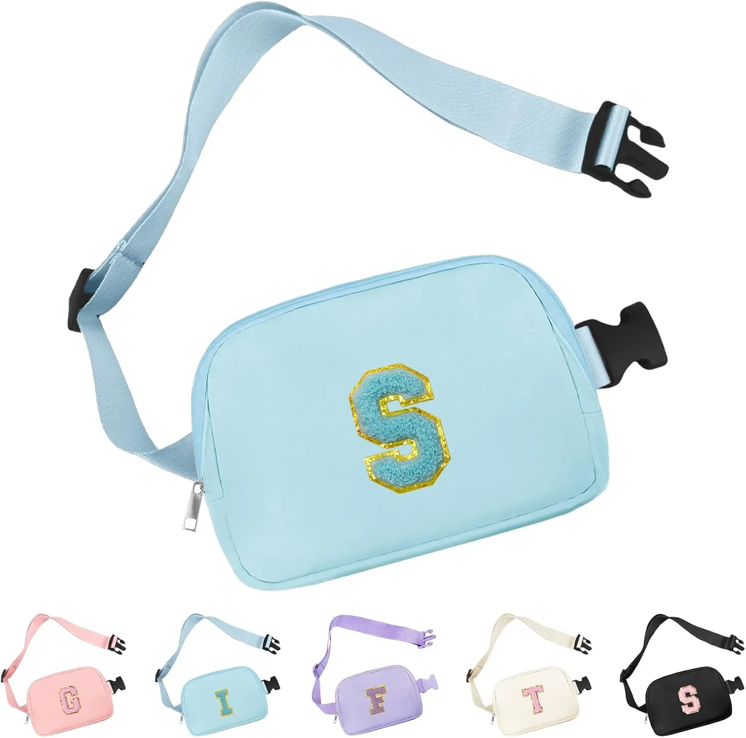 Chenille Letter Crossbody Bags for Women Trendy, Waterproof Fanny Packs for Women Cross Body, Initial Letter Belt Bag with Multiple Inner Pockets and Adjustable Strap(Blue S)