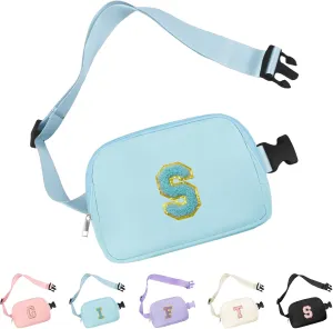 Chenille Letter Crossbody Bags for Women Trendy, Waterproof Fanny Packs for Women Cross Body, Initial Letter Belt Bag with Multiple Inner Pockets and Adjustable Strap(Blue S)