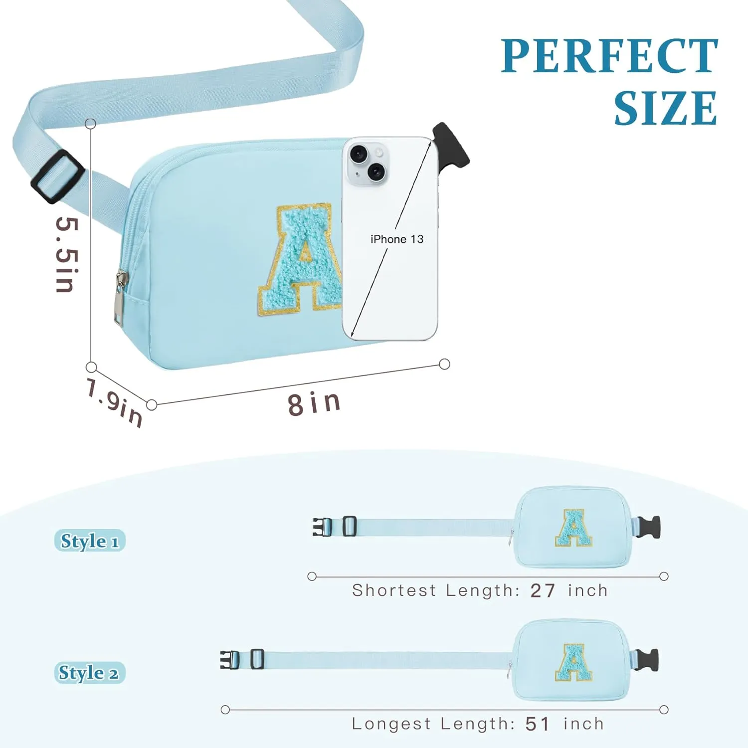 Chenille Letter Crossbody Bags for Women Trendy, Waterproof Fanny Packs for Women Cross Body, Initial Letter Belt Bag with Multiple Inner Pockets and Adjustable Strap(Blue S)