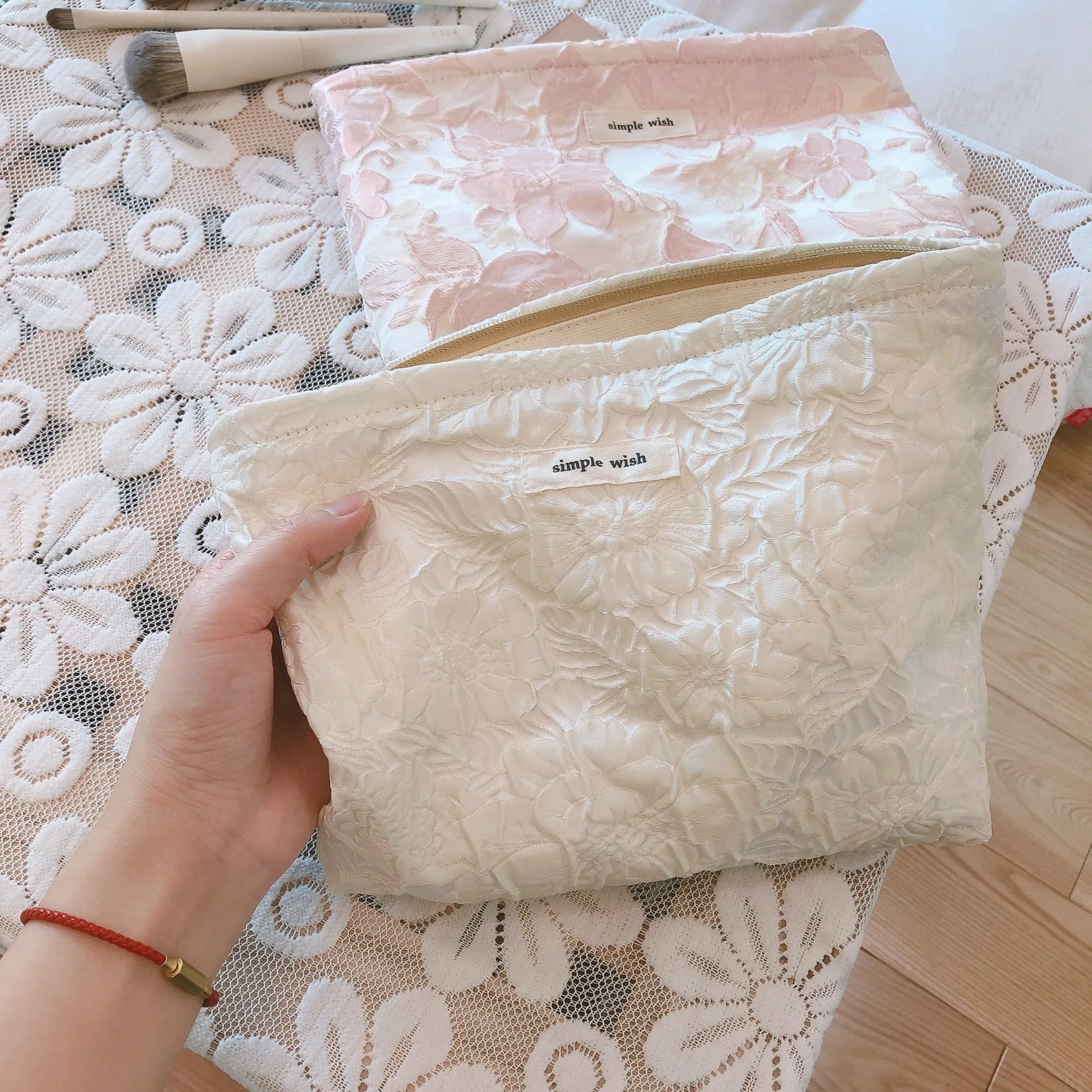 Classic Elegant Pink White Floral Jacquard Makeup Bag, Cosmetic Bag, Makeup Brush Bag