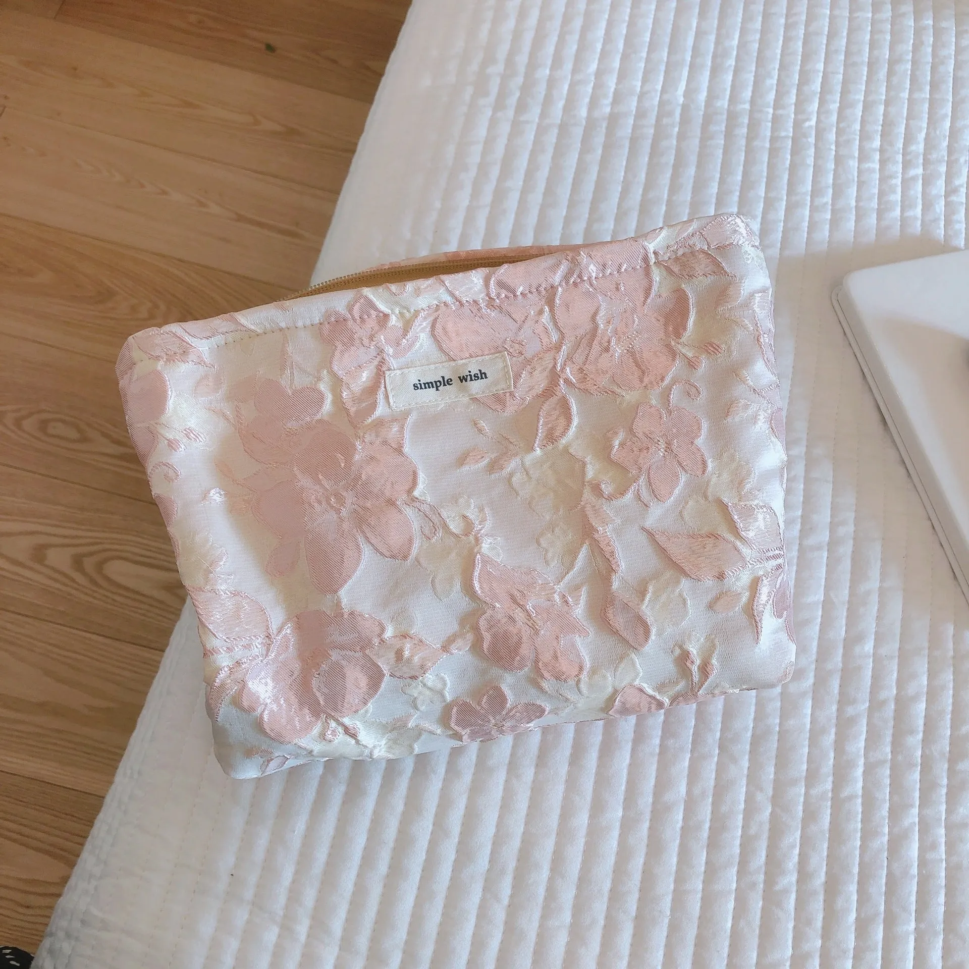Classic Elegant Pink White Floral Jacquard Makeup Bag, Cosmetic Bag, Makeup Brush Bag