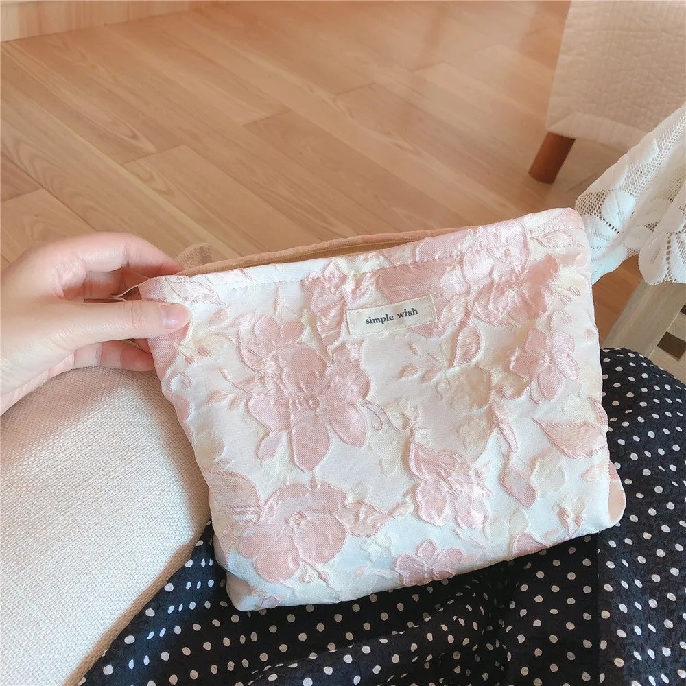 Classic Elegant Pink White Floral Jacquard Makeup Bag, Cosmetic Bag, Makeup Brush Bag