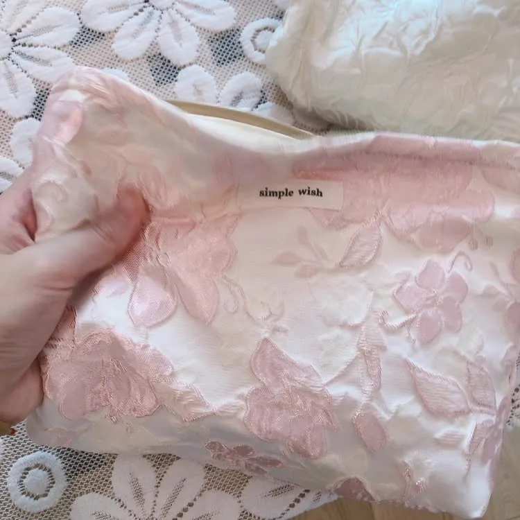 Classic Elegant Pink White Floral Jacquard Makeup Bag, Cosmetic Bag, Makeup Brush Bag