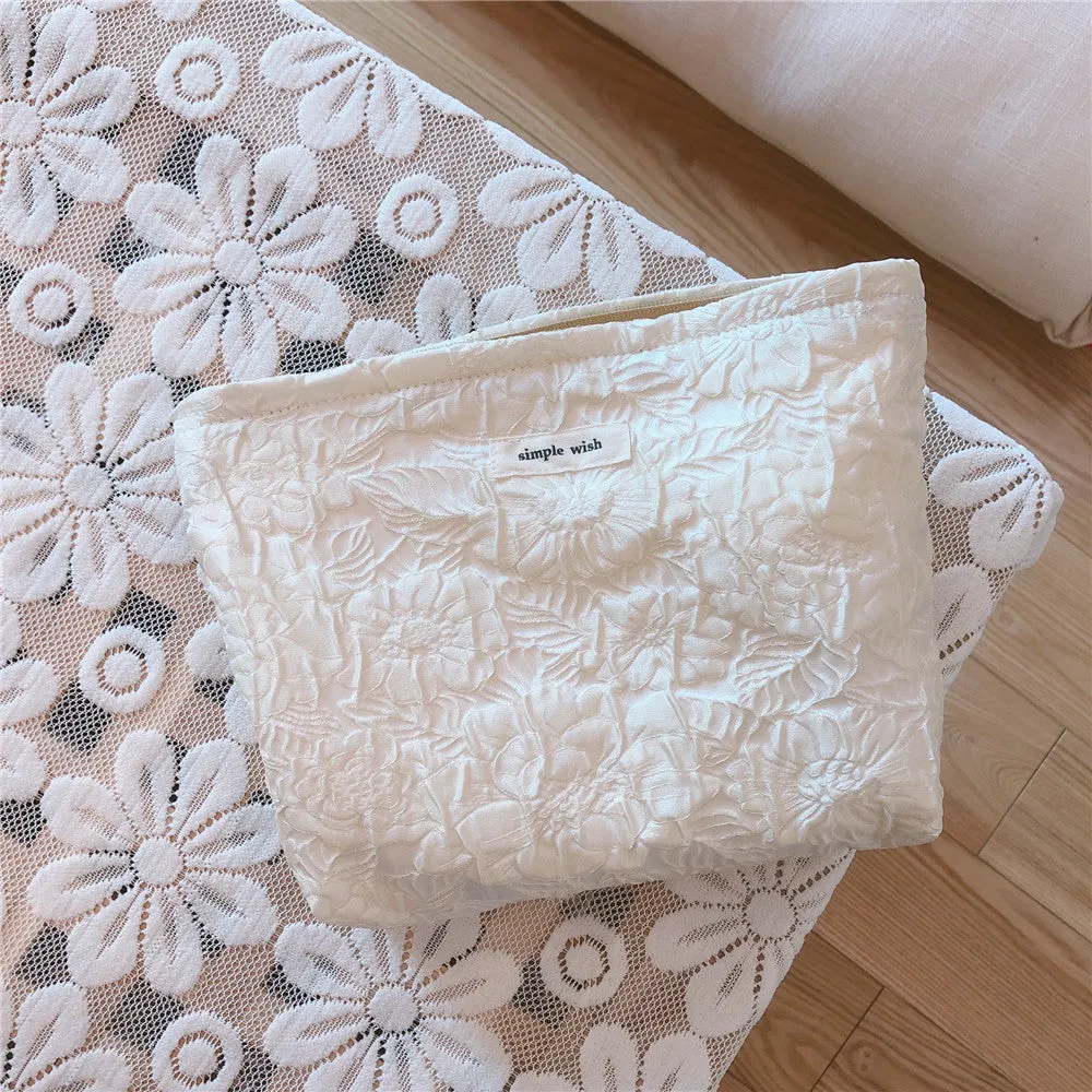 Classic Elegant Pink White Floral Jacquard Makeup Bag, Cosmetic Bag, Makeup Brush Bag