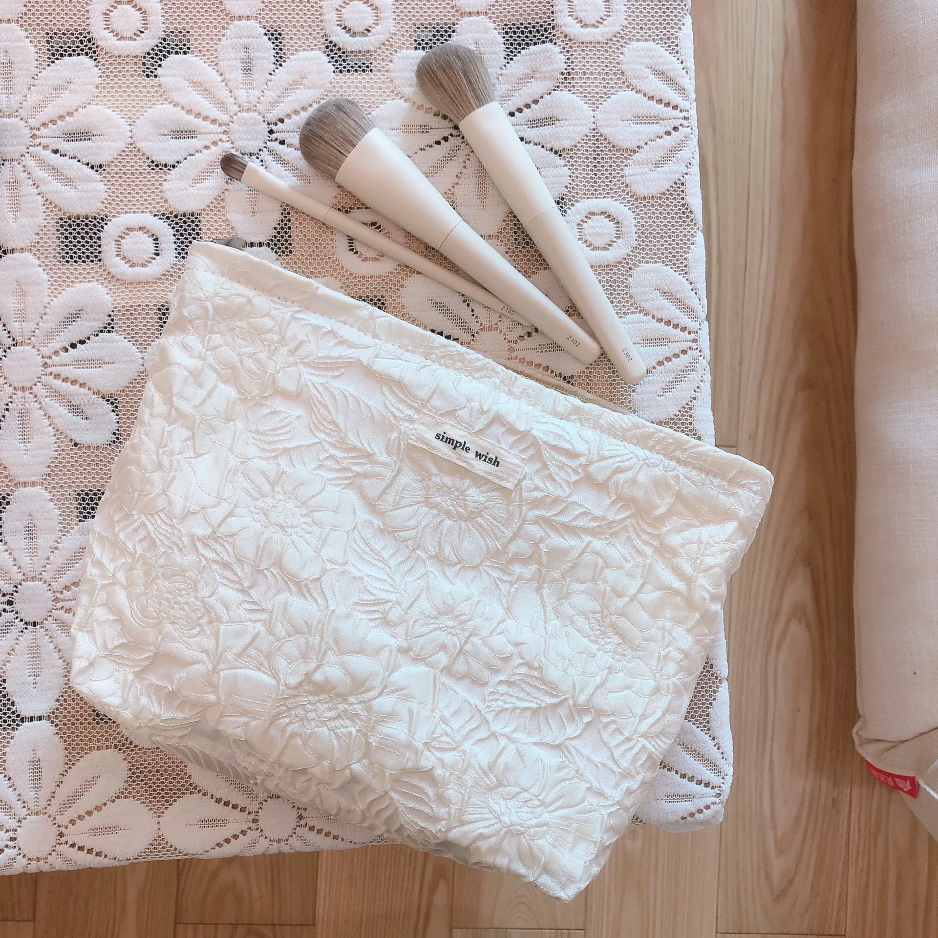 Classic Elegant Pink White Floral Jacquard Makeup Bag, Cosmetic Bag, Makeup Brush Bag