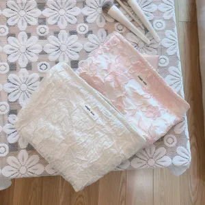 Classic Elegant Pink White Floral Jacquard Makeup Bag, Cosmetic Bag, Makeup Brush Bag