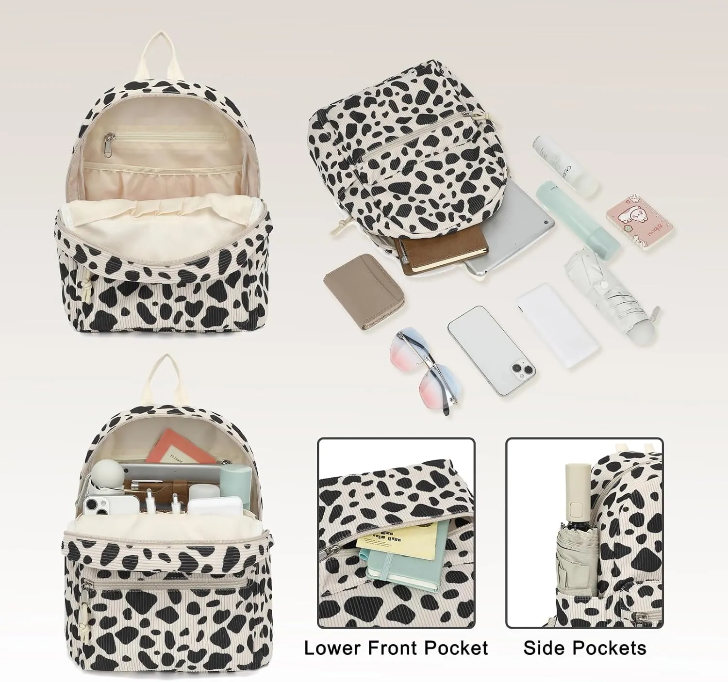 Corduroy Womens Mini Backpack Girls Small Backpack Purse Fashion Casual Daypack School Bookbag (Cow Print)