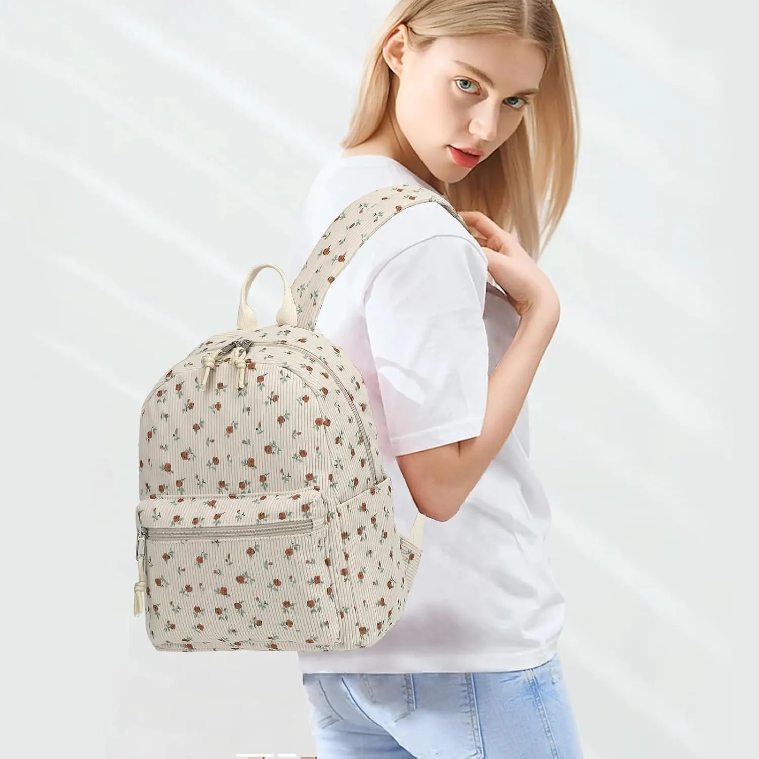 Corduroy Womens Mini Backpack Girls Small Backpack Purse Fashion Casual Daypack School Bookbag (Flowers Brown)