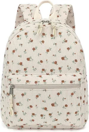 Corduroy Womens Mini Backpack Girls Small Backpack Purse Fashion Casual Daypack School Bookbag (Flowers Brown)