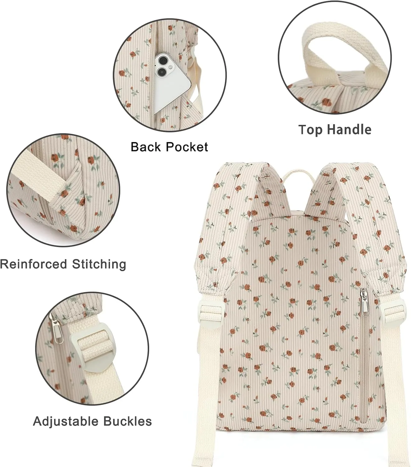 Corduroy Womens Mini Backpack Girls Small Backpack Purse Fashion Casual Daypack School Bookbag (Flowers Brown)