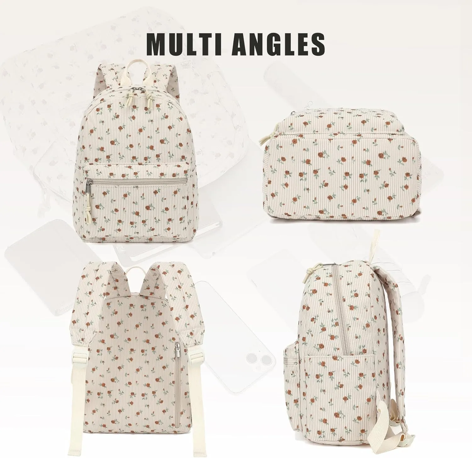 Corduroy Womens Mini Backpack Girls Small Backpack Purse Fashion Casual Daypack School Bookbag (Flowers Brown)
