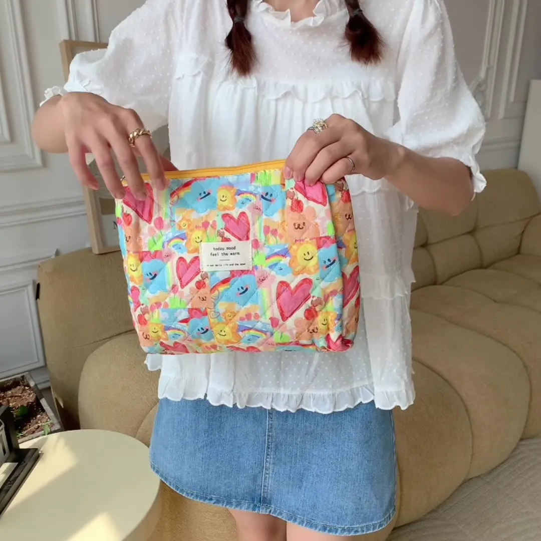 Cute Floral Smiley Face Dots Graffiti Quilted Cotton Large Capacity Makeup Bag