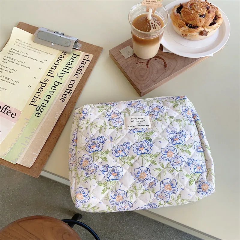 Cute Floral Smiley Face Dots Graffiti Quilted Cotton Large Capacity Makeup Bag