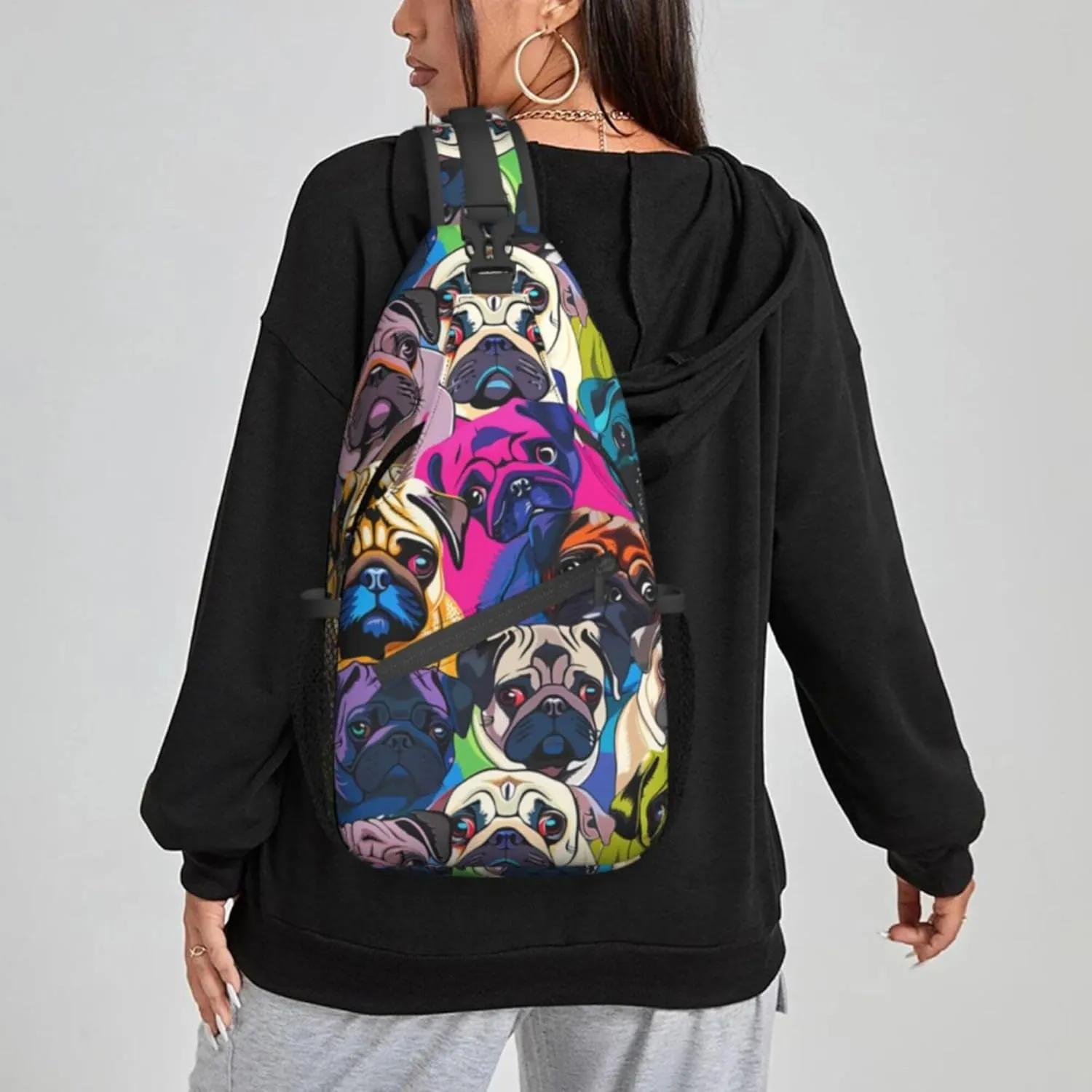 Famame Colorful Pug Dogs Funny Puppy Sling Backpack Chest Bag Crossbody Shoulder Bag Gym Cycling Travel Hiking Daypack For Men Women Multicolor 33