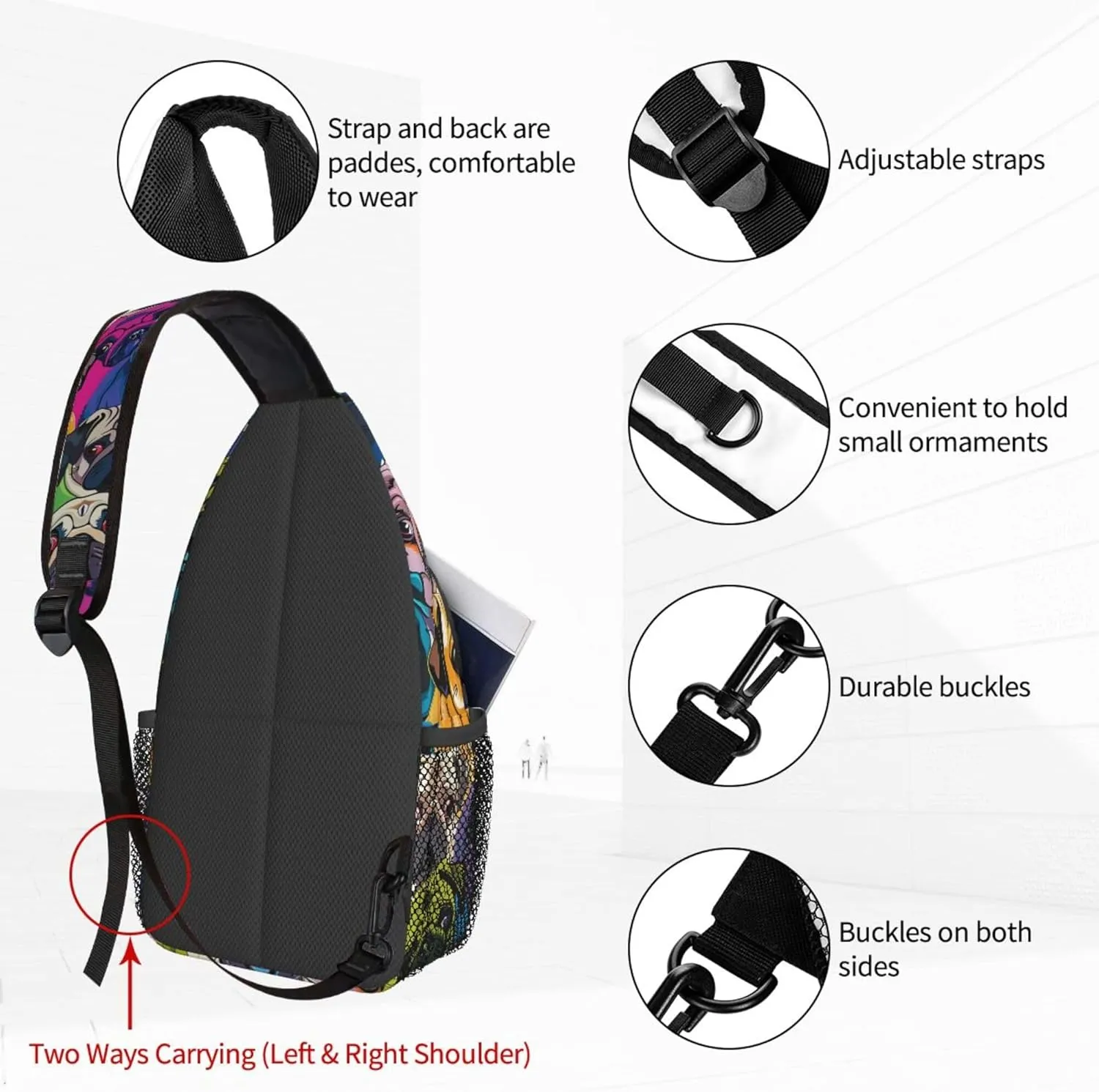 Famame Colorful Pug Dogs Funny Puppy Sling Backpack Chest Bag Crossbody Shoulder Bag Gym Cycling Travel Hiking Daypack For Men Women Multicolor 33