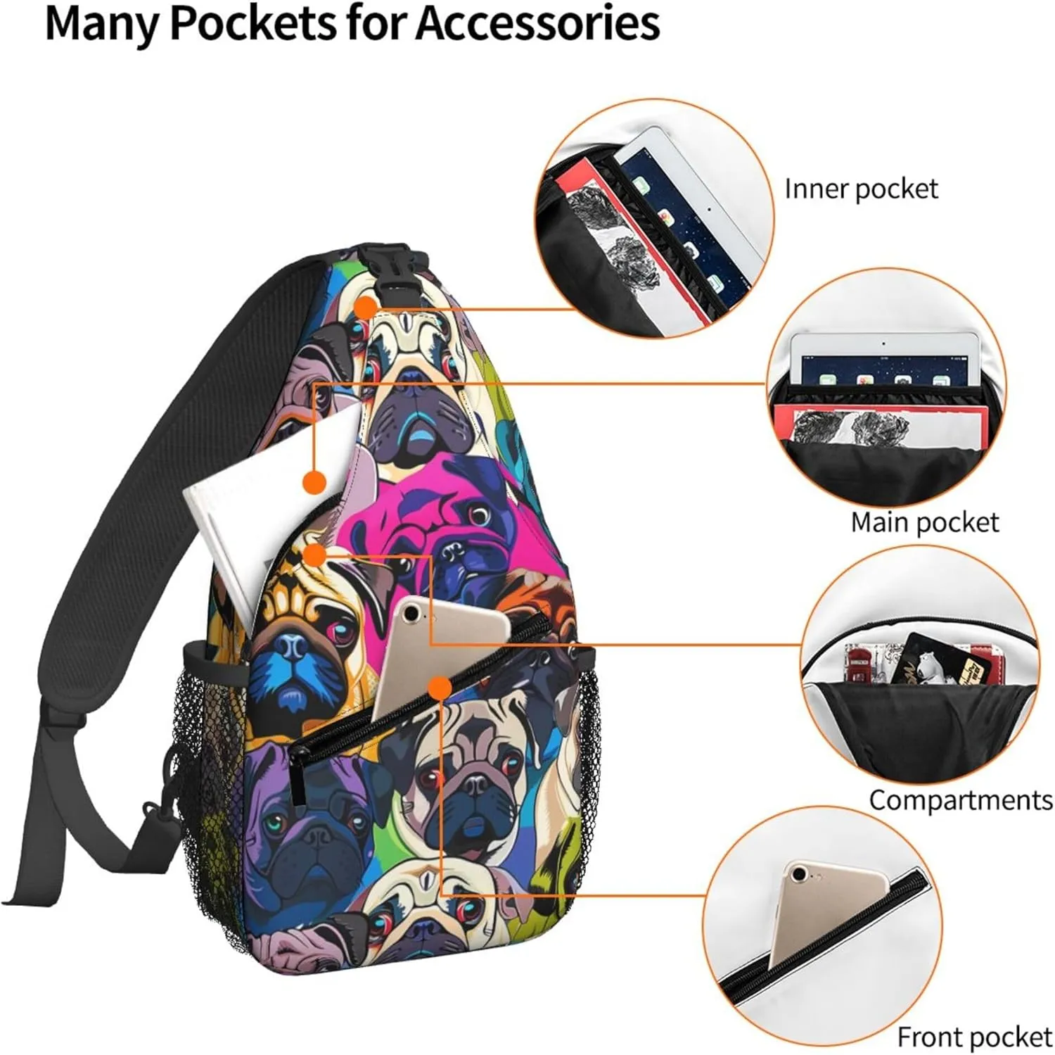 Famame Colorful Pug Dogs Funny Puppy Sling Backpack Chest Bag Crossbody Shoulder Bag Gym Cycling Travel Hiking Daypack For Men Women Multicolor 33