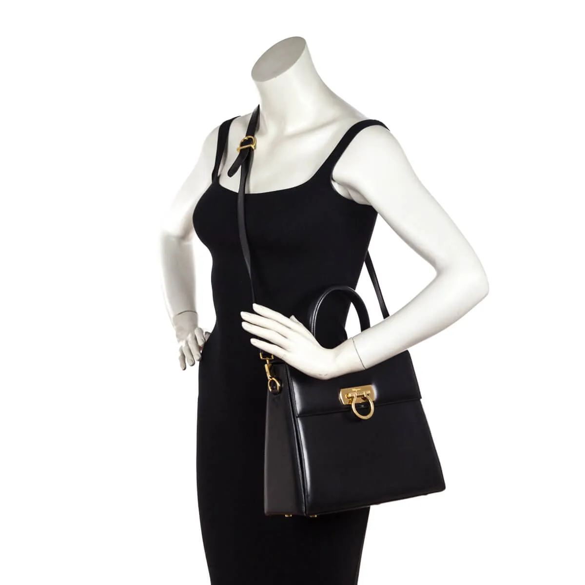 Ferragamo Black Smooth Calfskin Gancini Top Handle Bag