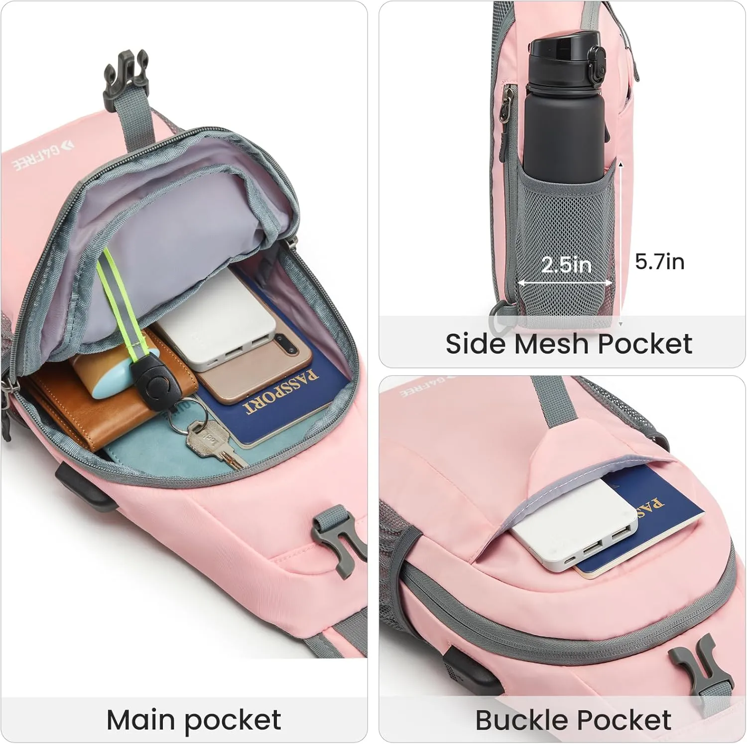 G4Free Sling Bag RFID Crossbody Sling Backpack with USB Charging Port, Travel Hiking Daypack Shoulder Chest Bag for Women Men(Pink)