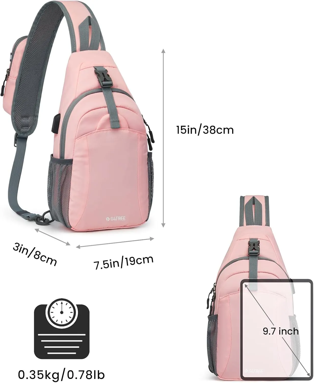 G4Free Sling Bag RFID Crossbody Sling Backpack with USB Charging Port, Travel Hiking Daypack Shoulder Chest Bag for Women Men(Pink)