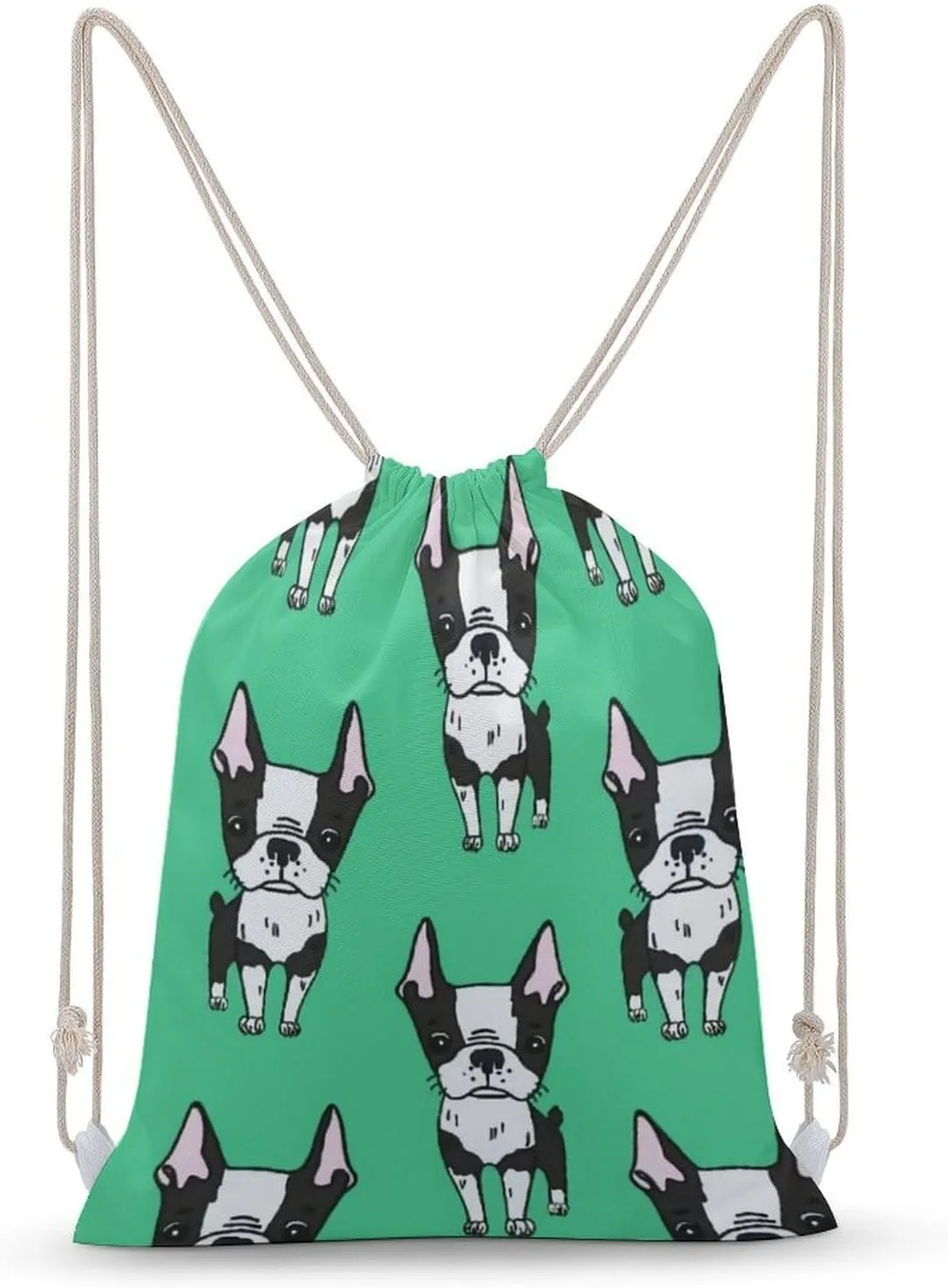 Green Boston Terrier Dogs Design A Large Capacity Double Shoulder Sail Bag with A Drawstring Mouth Unisex