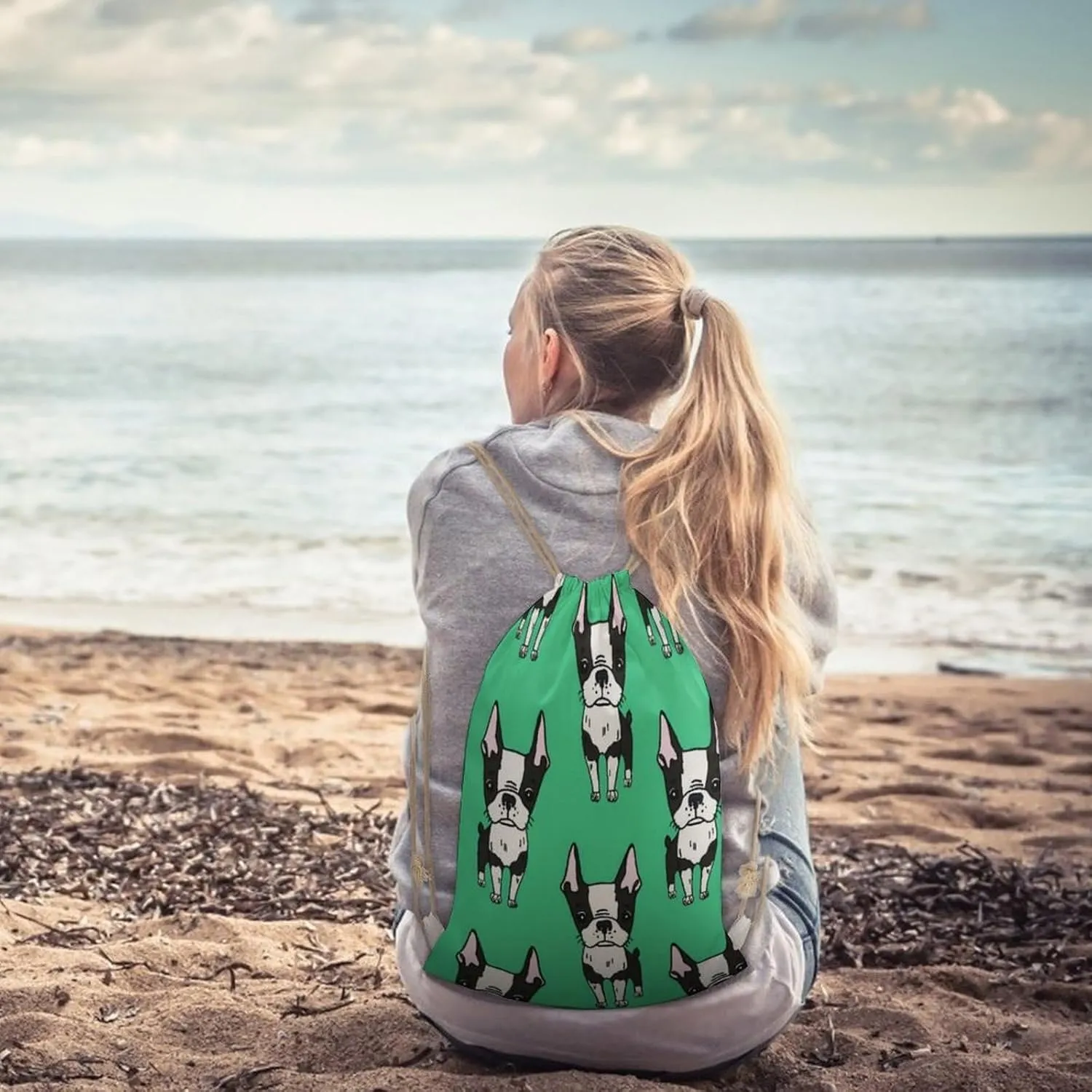 Green Boston Terrier Dogs Design A Large Capacity Double Shoulder Sail Bag with A Drawstring Mouth Unisex