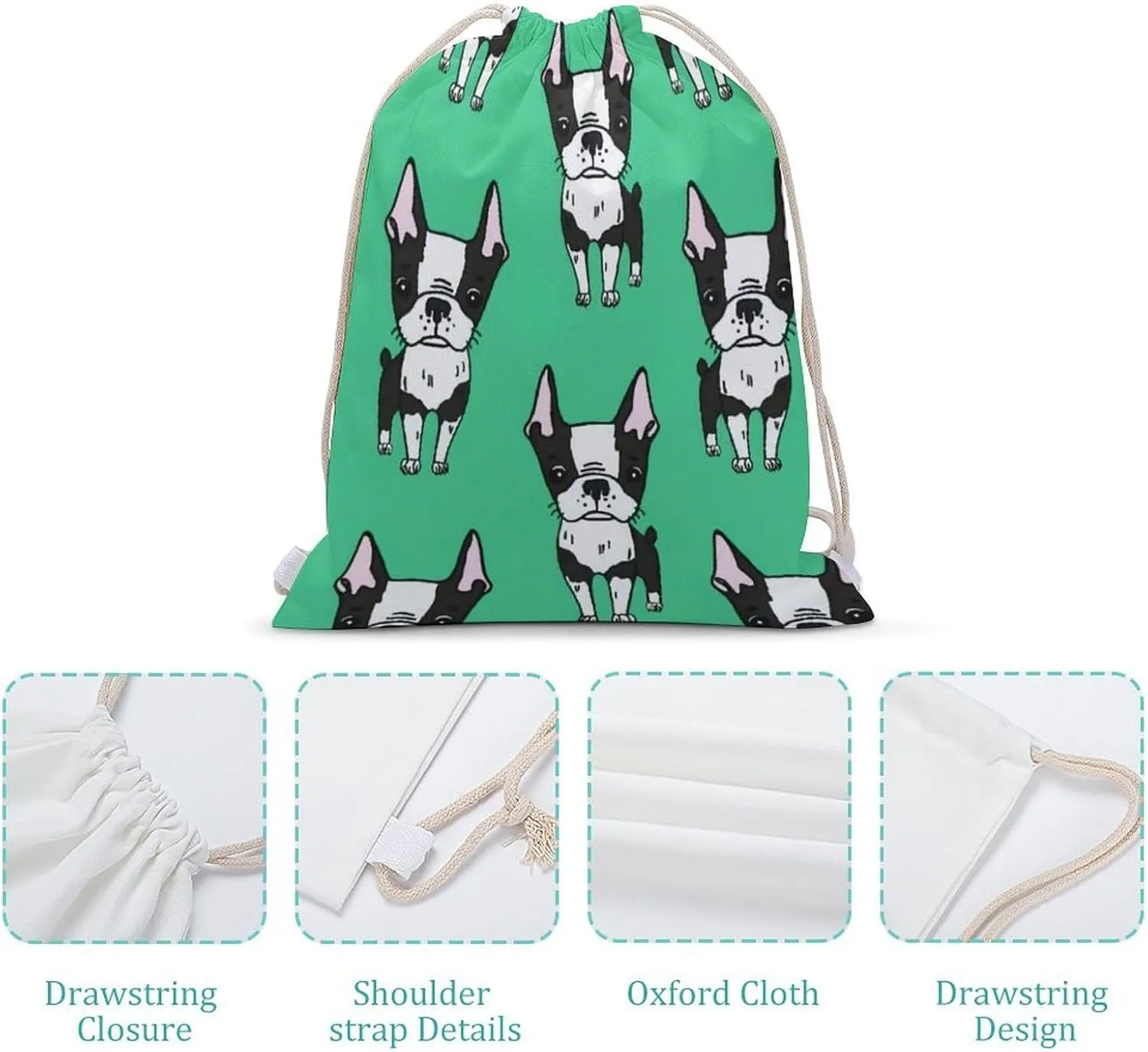 Green Boston Terrier Dogs Design A Large Capacity Double Shoulder Sail Bag with A Drawstring Mouth Unisex