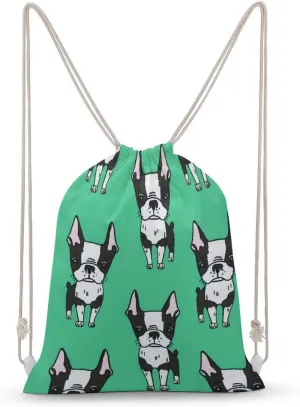 Green Boston Terrier Dogs Design A Large Capacity Double Shoulder Sail Bag with A Drawstring Mouth Unisex