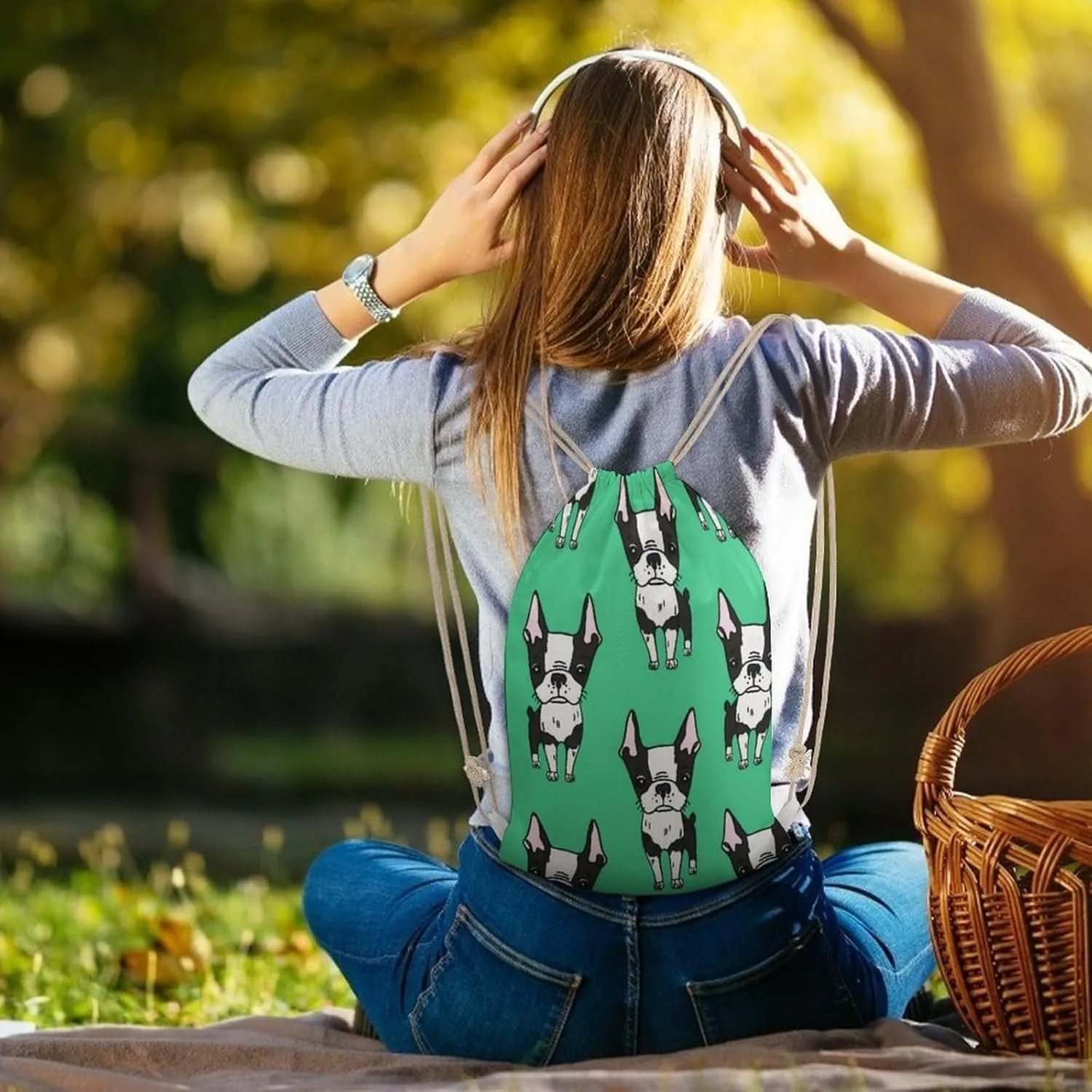 Green Boston Terrier Dogs Design A Large Capacity Double Shoulder Sail Bag with A Drawstring Mouth Unisex
