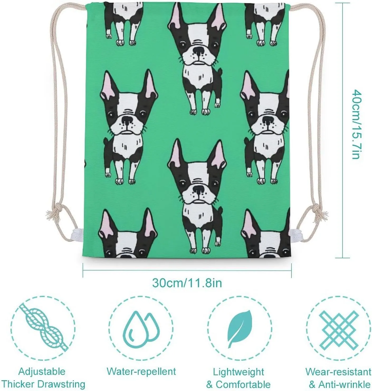 Green Boston Terrier Dogs Design A Large Capacity Double Shoulder Sail Bag with A Drawstring Mouth Unisex