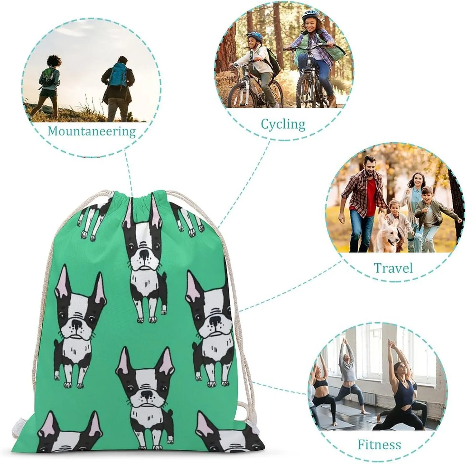 Green Boston Terrier Dogs Design A Large Capacity Double Shoulder Sail Bag with A Drawstring Mouth Unisex