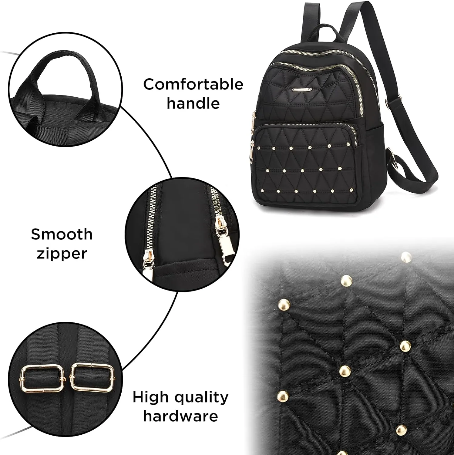 I IHAYNER Mini Backpack for Women Nylon Travel Purse Shoulder Bag for College Work Casual Lightweight Daypack With Rivets for Ladies Grey