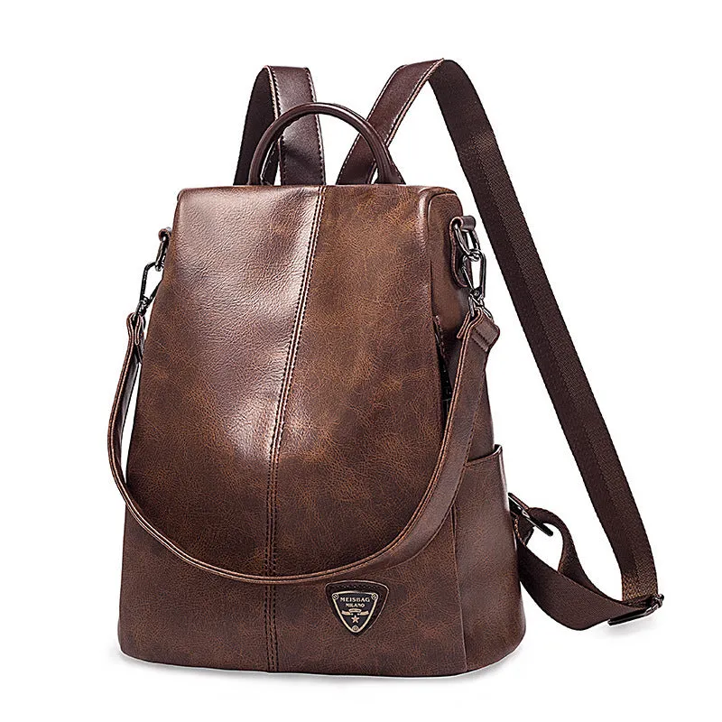 Leather Backpack Women's Multi-Purpose Crazy Horse Leather Badge Anti-Theft Backpack