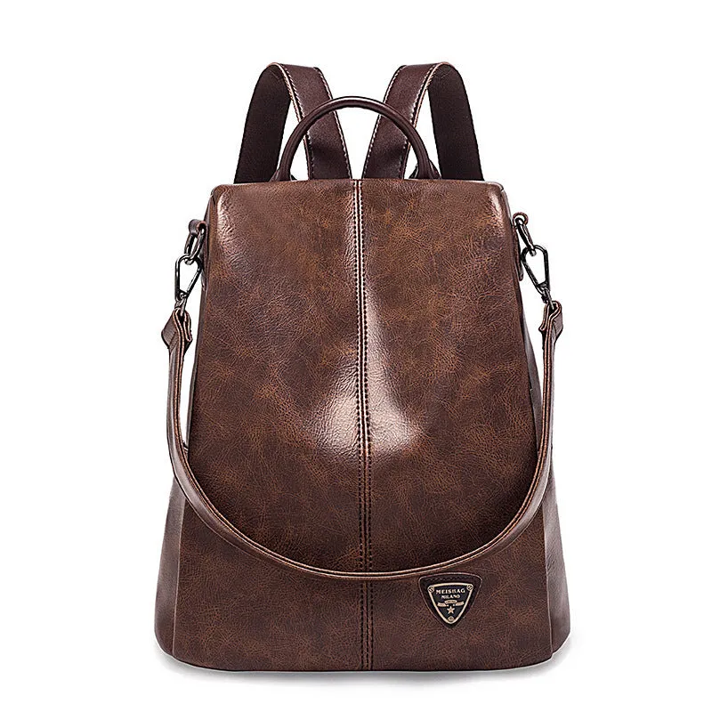 Leather Backpack Women's Multi-Purpose Crazy Horse Leather Badge Anti-Theft Backpack