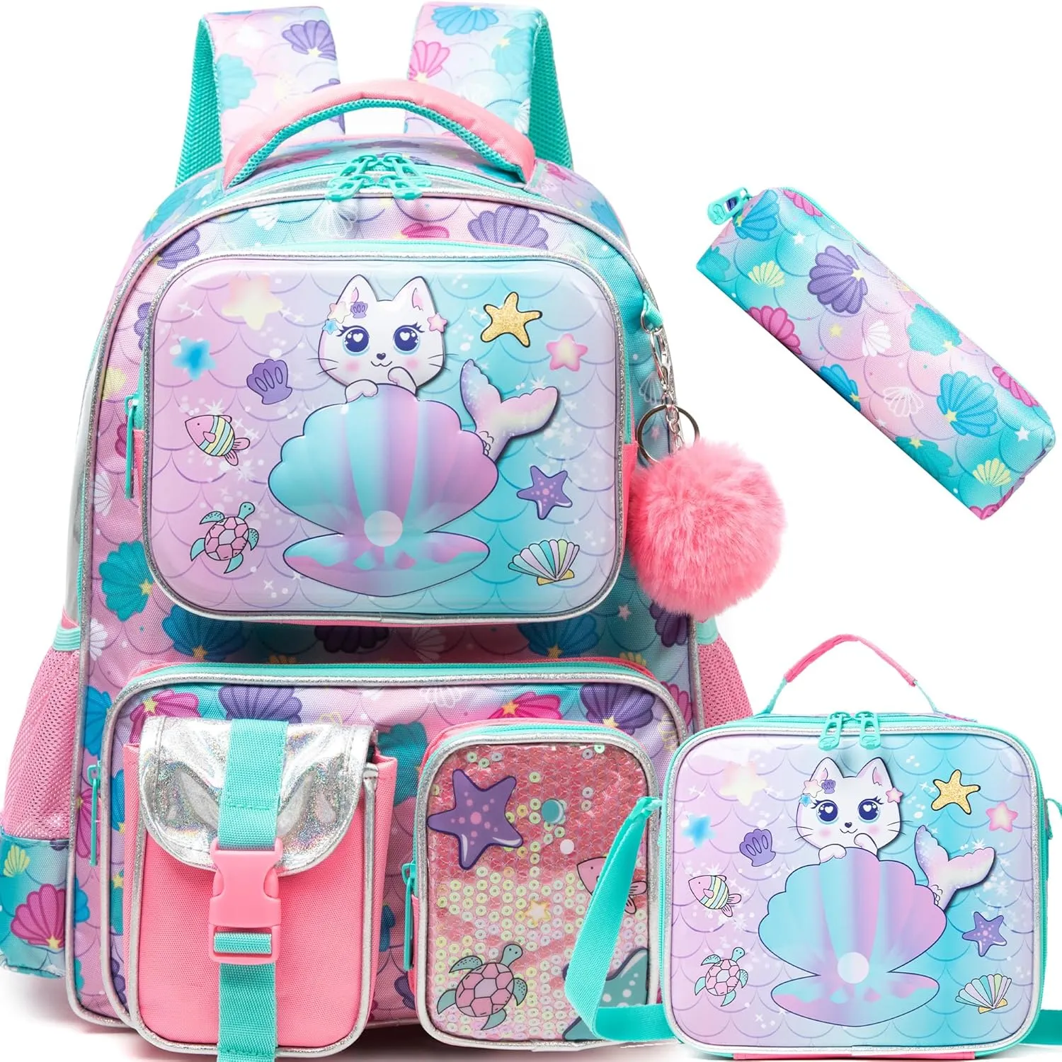 Meetbelify Cute Cat Backpacks for Girls School Backpacks for Elementary Students Ages 8-10 Kids Aesthetic Travel Backpack Large Capacity Laptop Bookbag with Lunch Box 3 in 1 Backpack Set for Girls