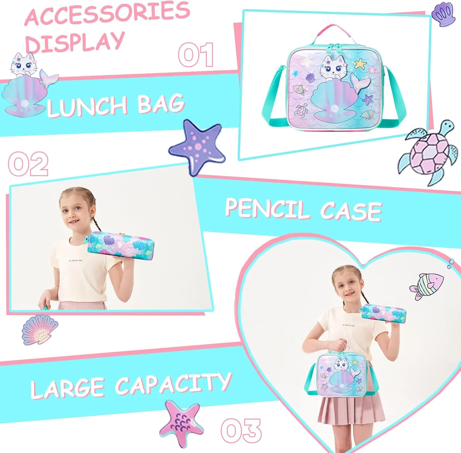 Meetbelify Cute Cat Backpacks for Girls School Backpacks for Elementary Students Ages 8-10 Kids Aesthetic Travel Backpack Large Capacity Laptop Bookbag with Lunch Box 3 in 1 Backpack Set for Girls