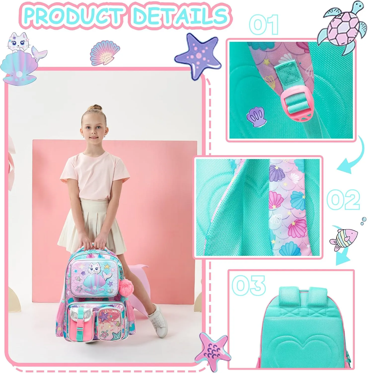 Meetbelify Cute Cat Backpacks for Girls School Backpacks for Elementary Students Ages 8-10 Kids Aesthetic Travel Backpack Large Capacity Laptop Bookbag with Lunch Box 3 in 1 Backpack Set for Girls