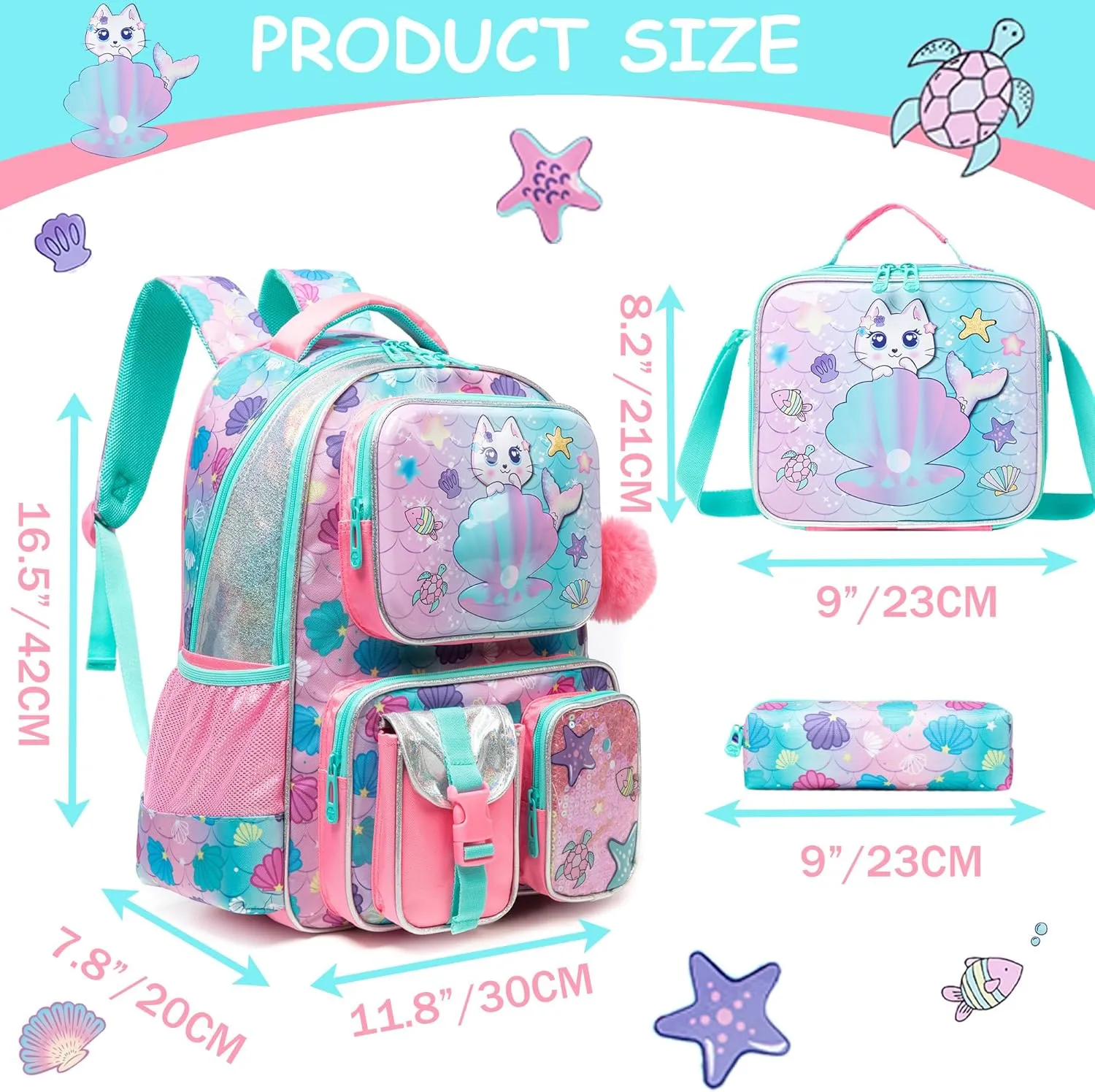 Meetbelify Cute Cat Backpacks for Girls School Backpacks for Elementary Students Ages 8-10 Kids Aesthetic Travel Backpack Large Capacity Laptop Bookbag with Lunch Box 3 in 1 Backpack Set for Girls